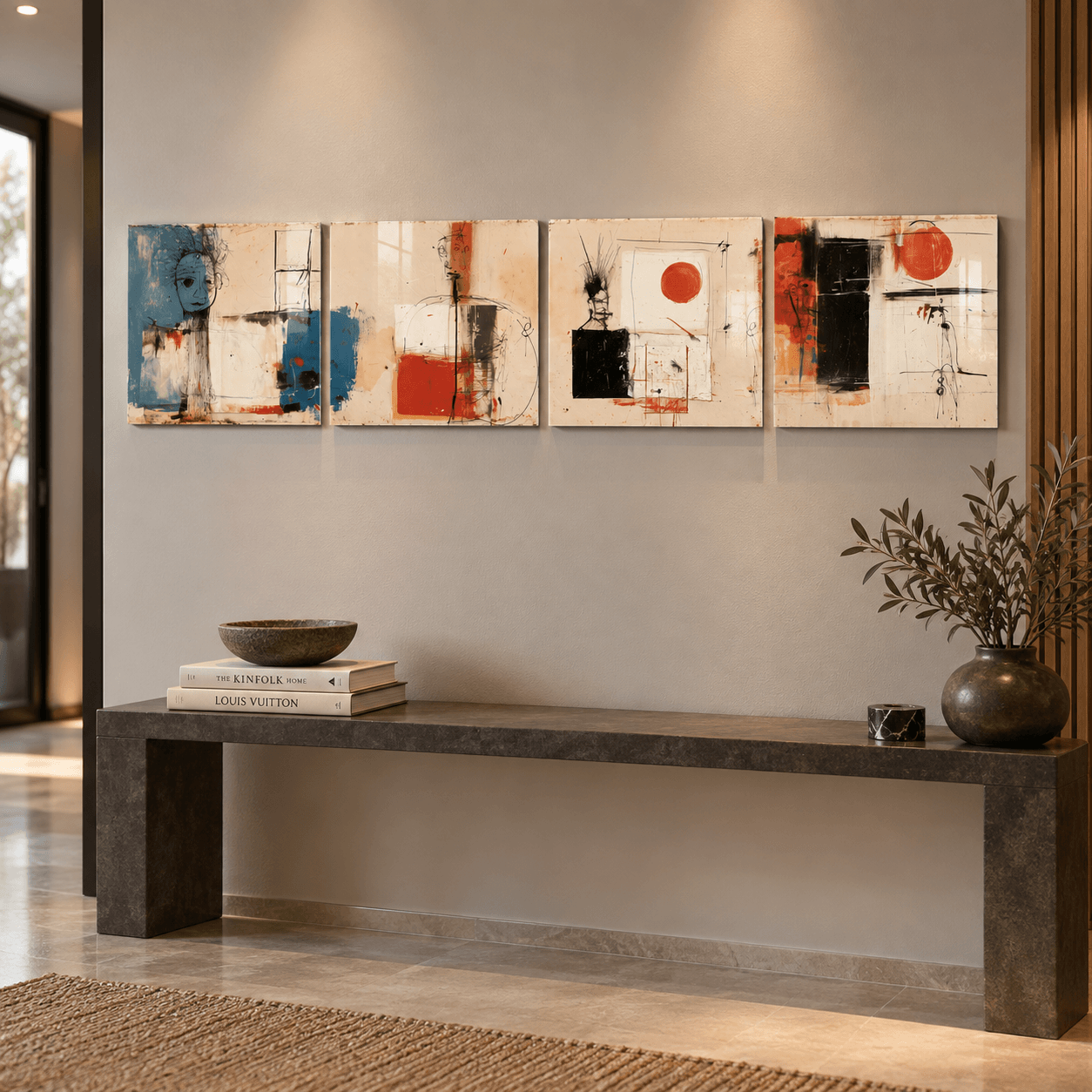 Sketch-style abstract glass wall art hung above a stone bench in an entryway